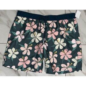 NWT Mad Engine Floral Swim Trunks Men's Large Pink Green Tropical Board Shorts
